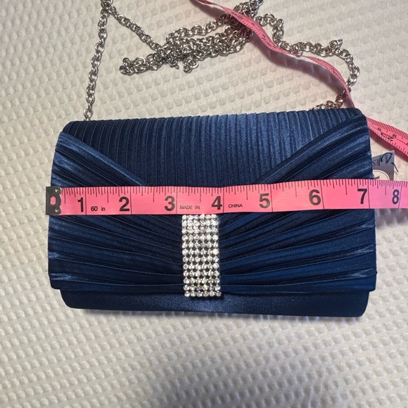 Jessica McClintock Navy Satin Pleated Clutch with Rhinestone Detail and Chain - Picture 6 of 9